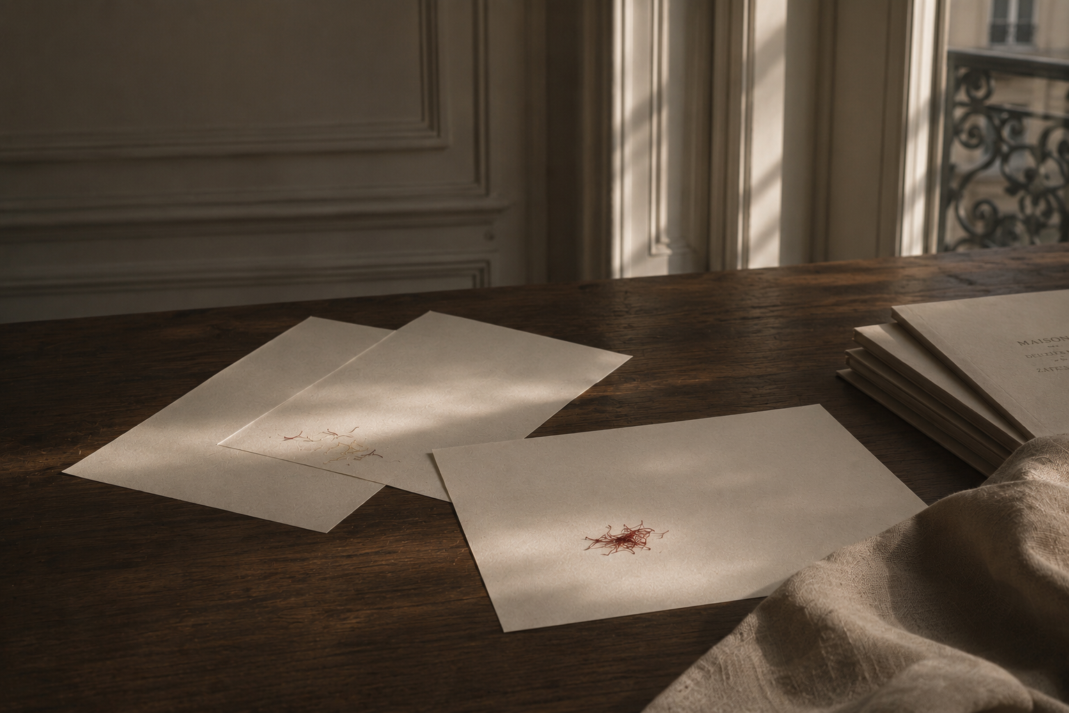 The selection table at rest after the work: sheets of pale paper laid on dark oak, a small gathering of crimson saffron threads, a folded linen cloth, the afternoon's light falling quietly across the surface.