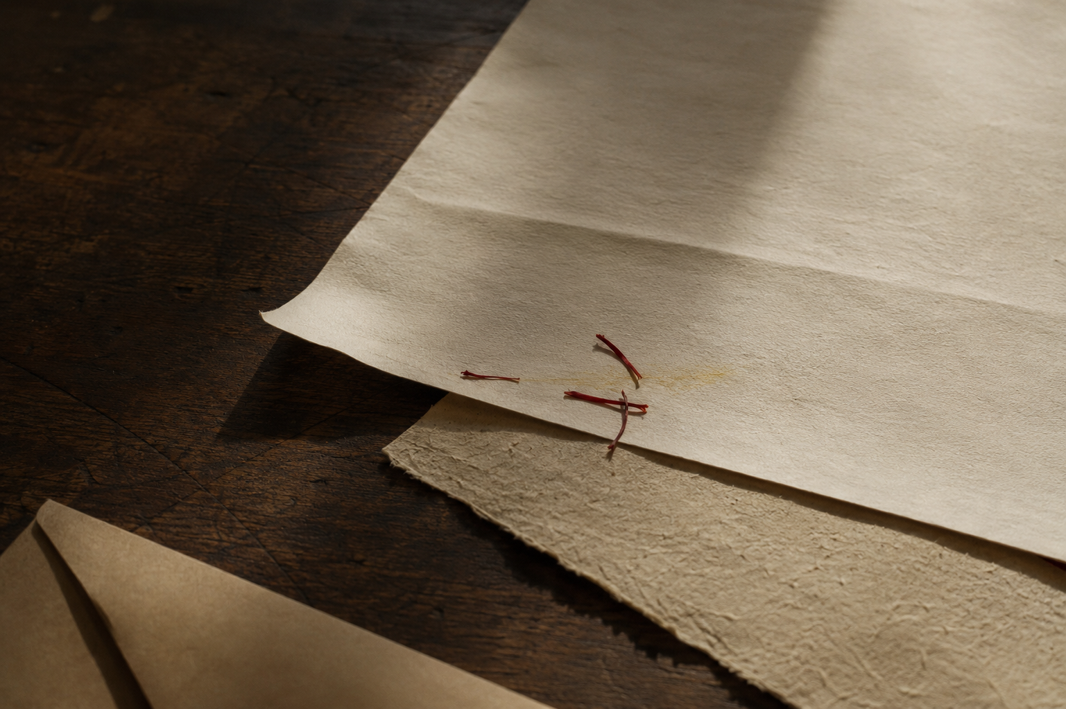 A certificate of analysis on a linen surface beside a jar of saffron.