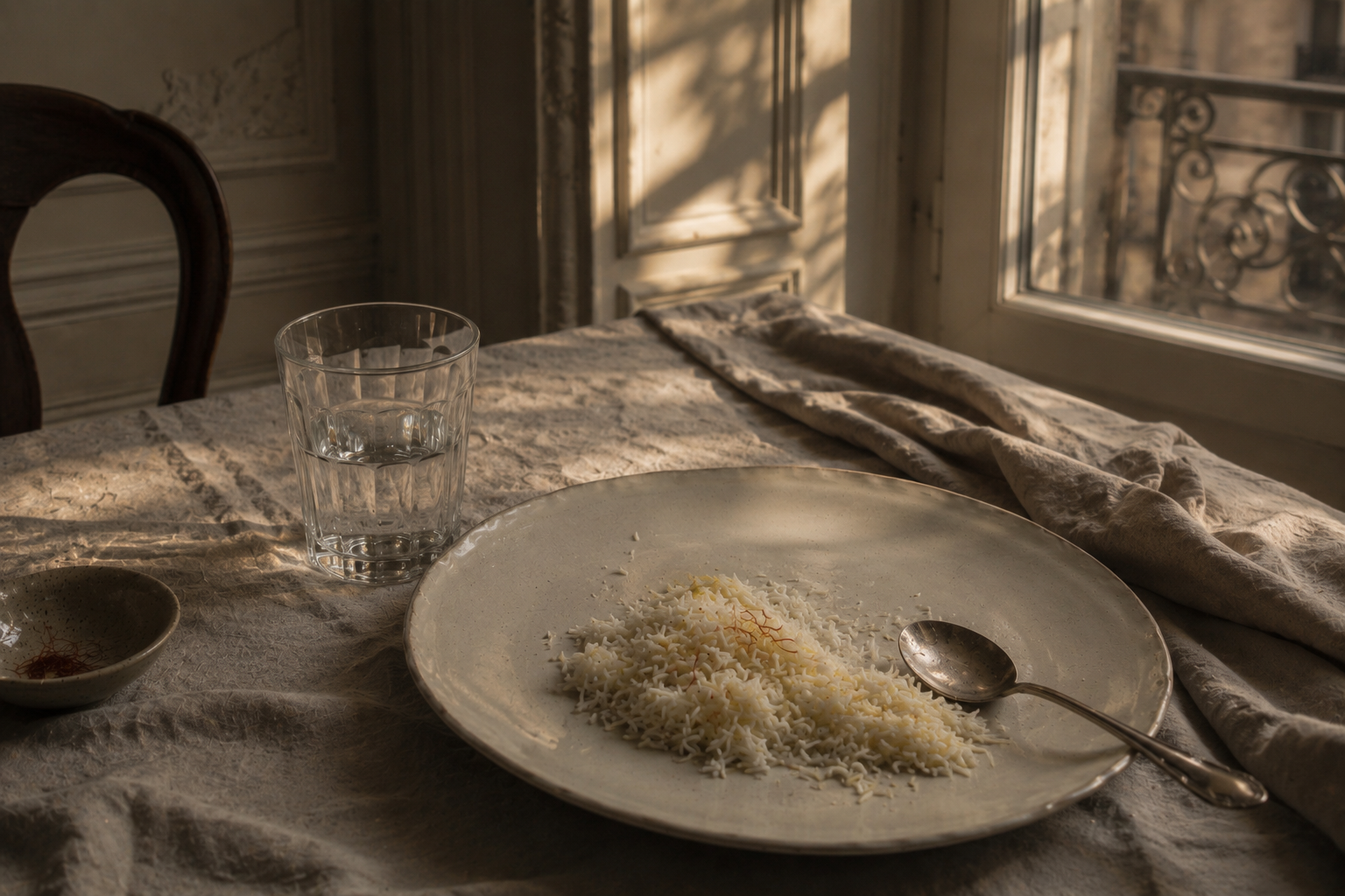 A partially finished plate of saffron rice on a linen cloth beside a glass of water in a quiet Parisian interior, warm afternoon light through a window.