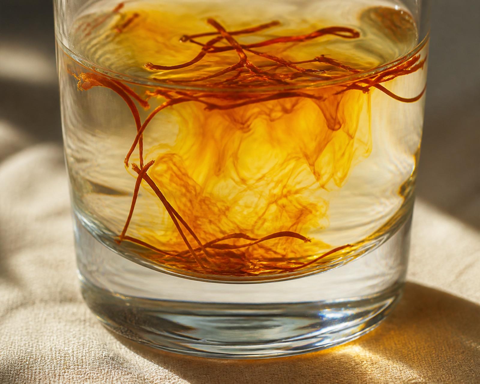 Saffron threads infusing in warm water, a golden plume blooming from the strands.