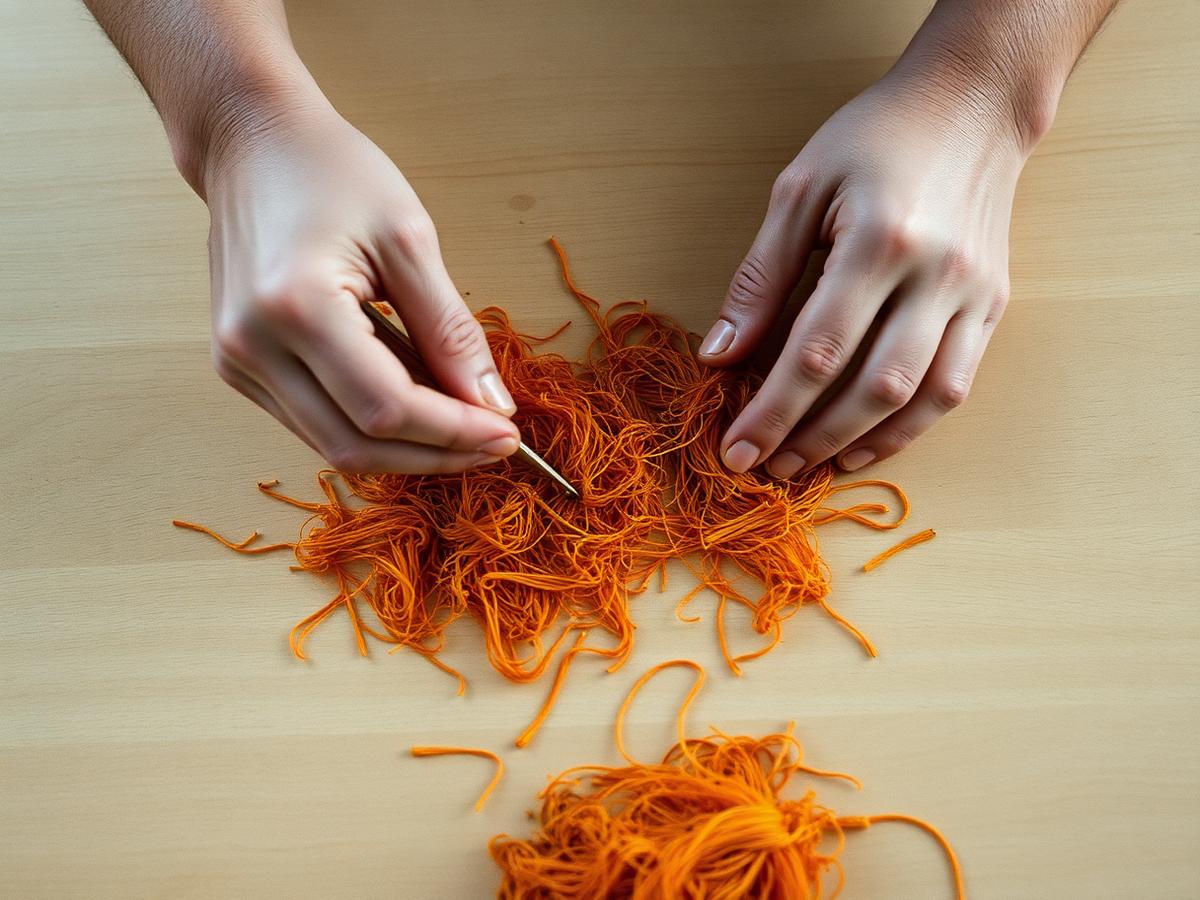 Hands sorting saffron threads on a pale oak table.
