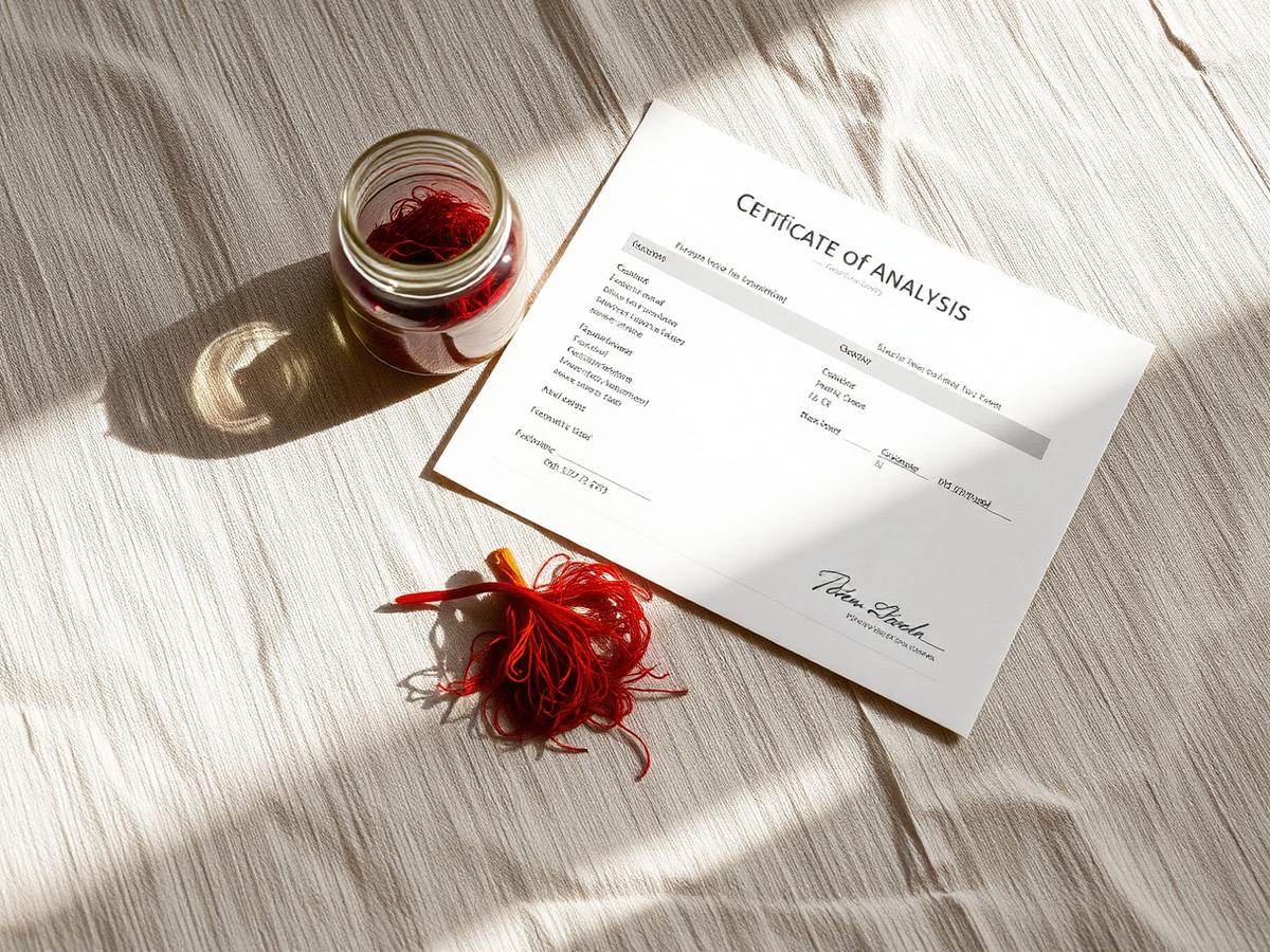 A certificate of analysis resting on linen beside a small jar of saffron.