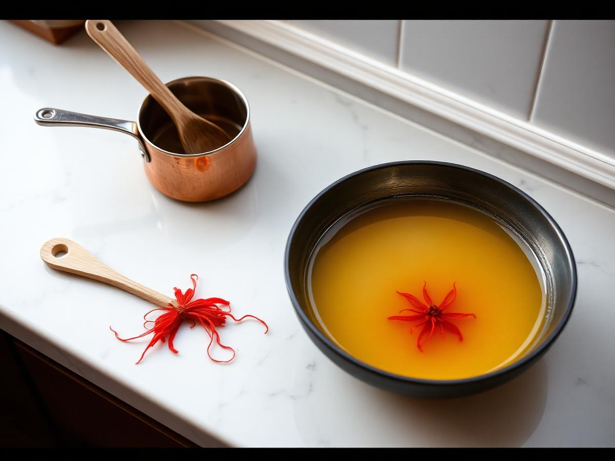 A copper pot and a bowl of saffron infusion on a marble counter.