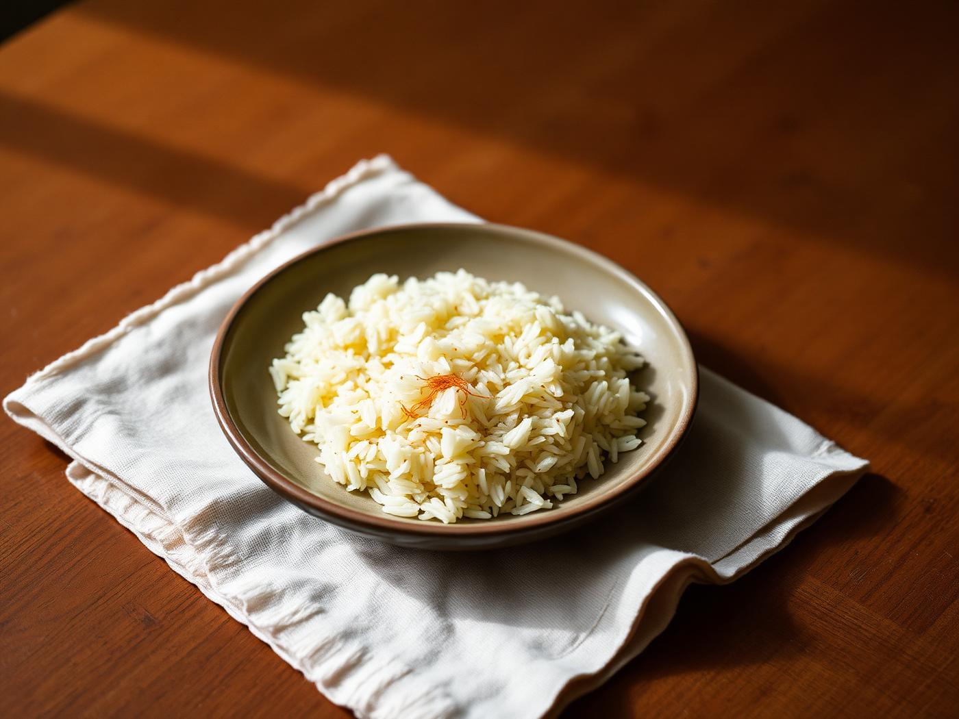 A shallow ceramic plate of saffron rice on a linen napkin in warm afternoon light.