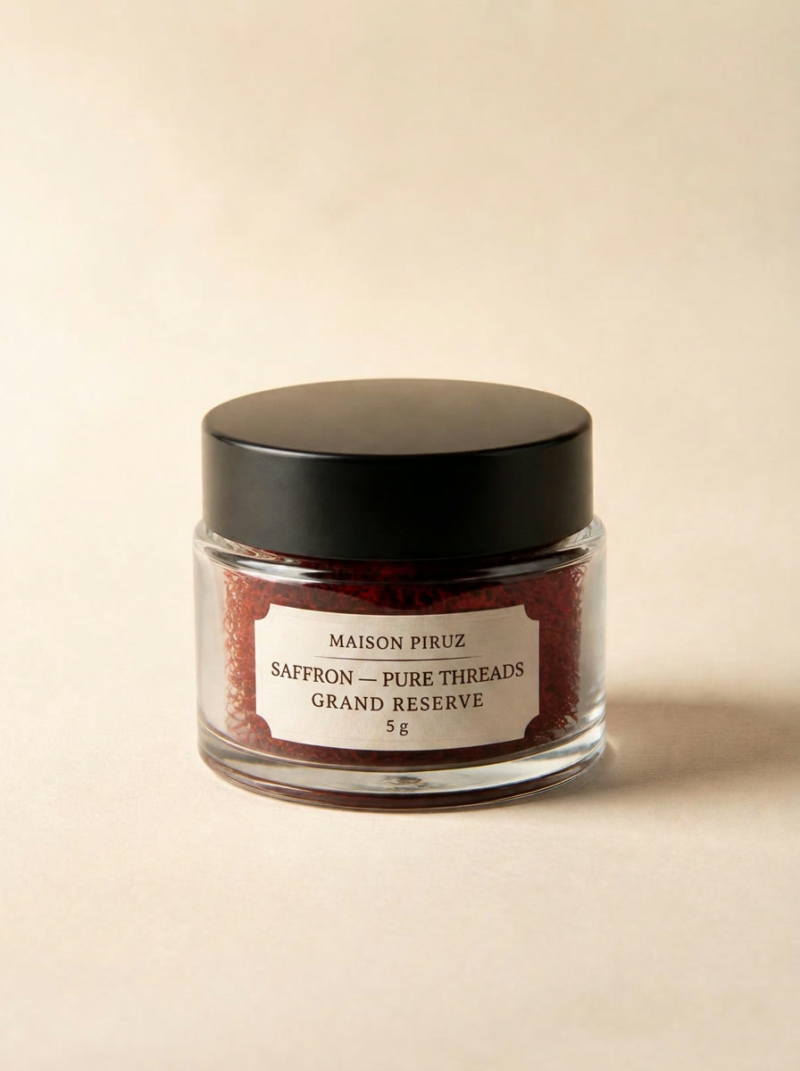 A small apothecary jar of Signature saffron on an oak table, north light.